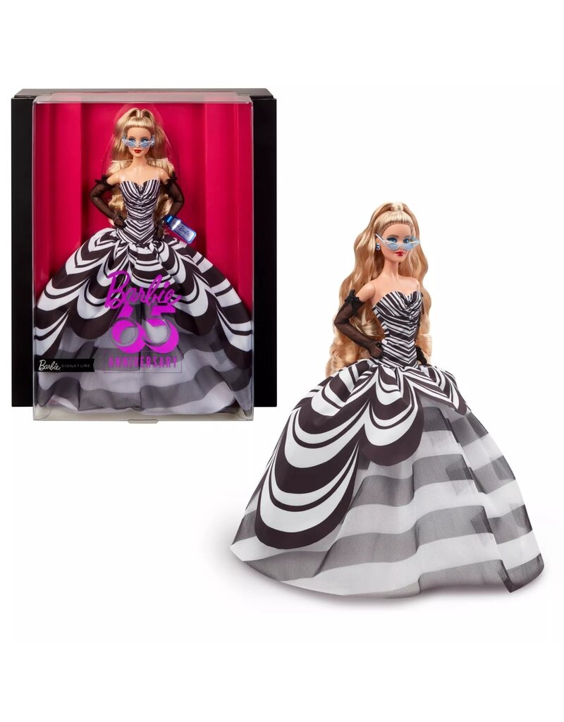 BARBIE MTL HRM58 BARBIE SIGNATURE 65TH BLUE SPAPPHIRE ANNIVERSARY FASHION DOLL WITH BLONDE HAIR, BLACK AND WHITE GOWN