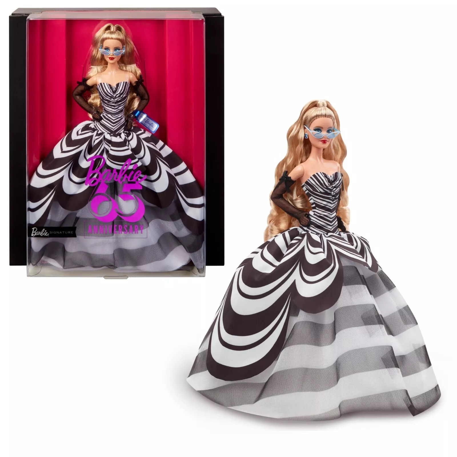MTL HRM58 BARBIE SIGNATURE 65TH BLUE SPAPPHIRE ANNIVERSARY FASHION DOLL WITH BLONDE HAIR, BLACK AND WHITE GOWN