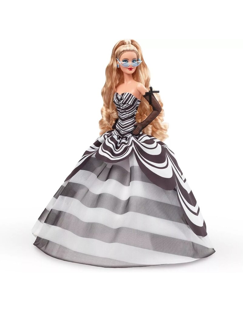 BARBIE MTL HRM58 BARBIE SIGNATURE 65TH BLUE SPAPPHIRE ANNIVERSARY FASHION DOLL WITH BLONDE HAIR, BLACK AND WHITE GOWN
