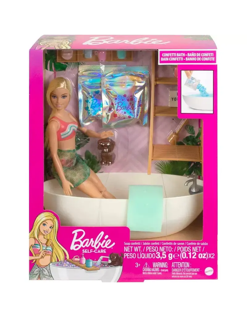 BARBIE MTL HKT92 BARBIE DOLL & BATHTUB PLAYSET WITH CONFETTI SOAP AND ACCESSORIES-BLONDE