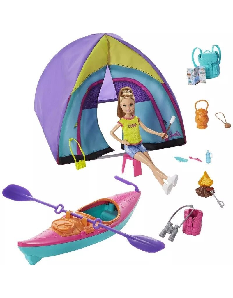BARBIE MTL GJB58 BARBIETEAM STACIE SUMMER CAMP PLAYSET WITH KAYAK & ACCESSORIES