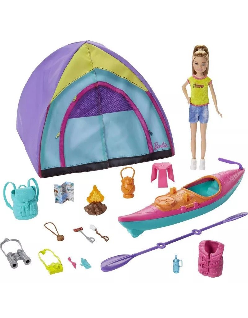 BARBIE MTL GJB58 BARBIETEAM STACIE SUMMER CAMP PLAYSET WITH KAYAK & ACCESSORIES