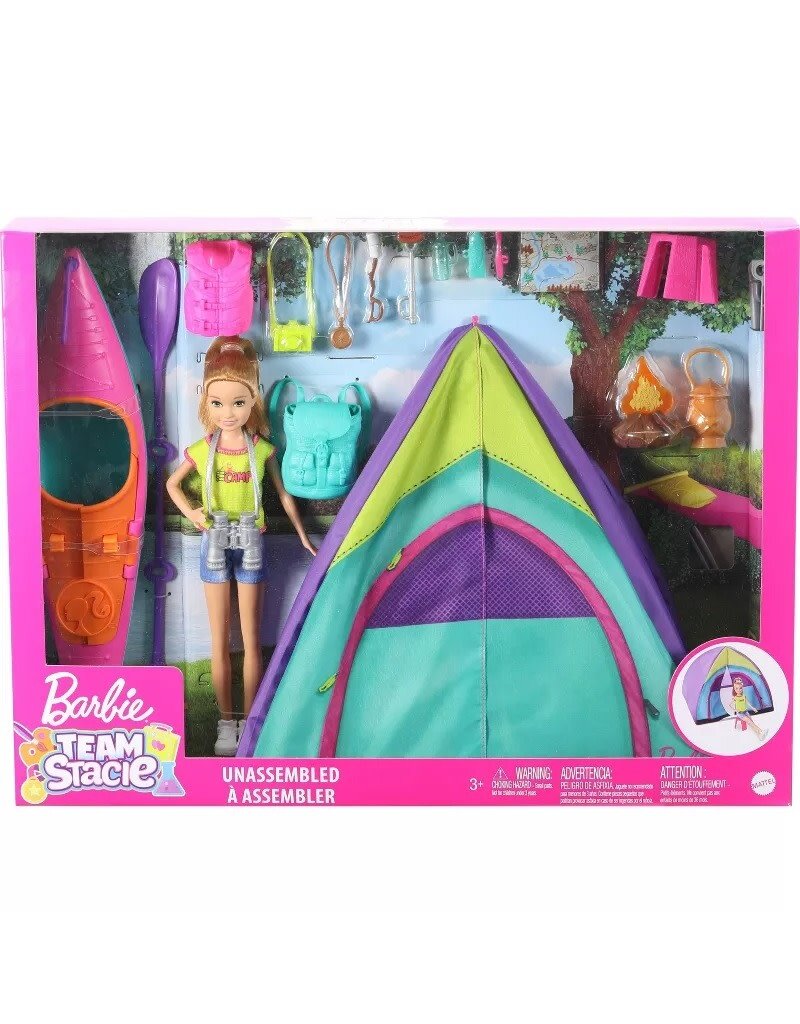 BARBIE MTL GJB58 BARBIETEAM STACIE SUMMER CAMP PLAYSET WITH KAYAK & ACCESSORIES