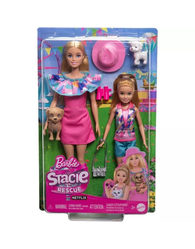 BARBIE MTL HRM09 BARBIE & STACIE SISTER DOLL SET WITH 2 PET DOGS & ACCESSORIES