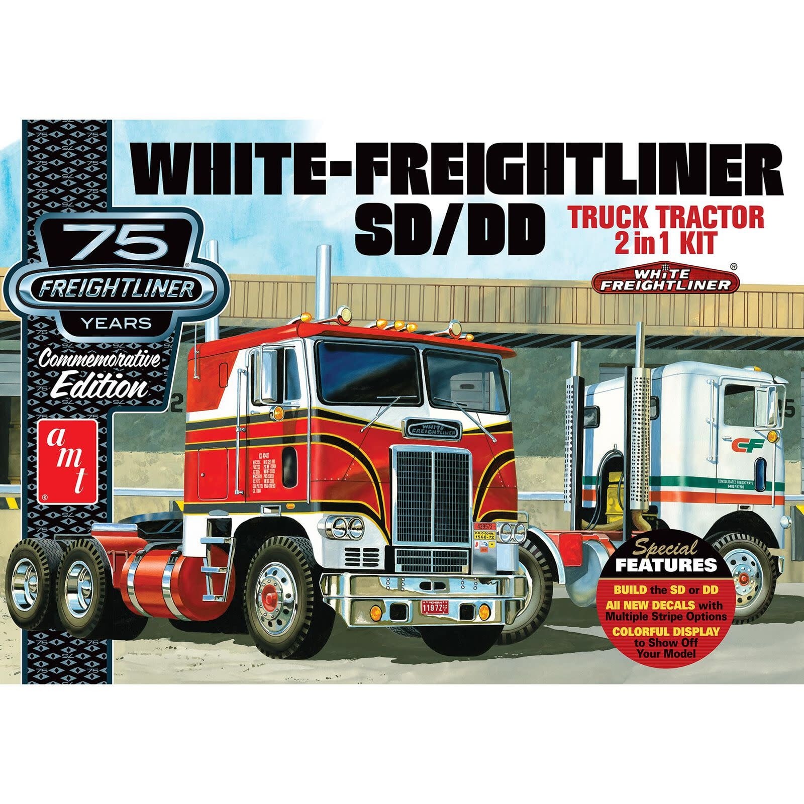AMT1046 1/25 WHITE FREIGHTLINER 2-IN-1 SC/DD CABOVER 75TH PLASTIC MODEL KIT