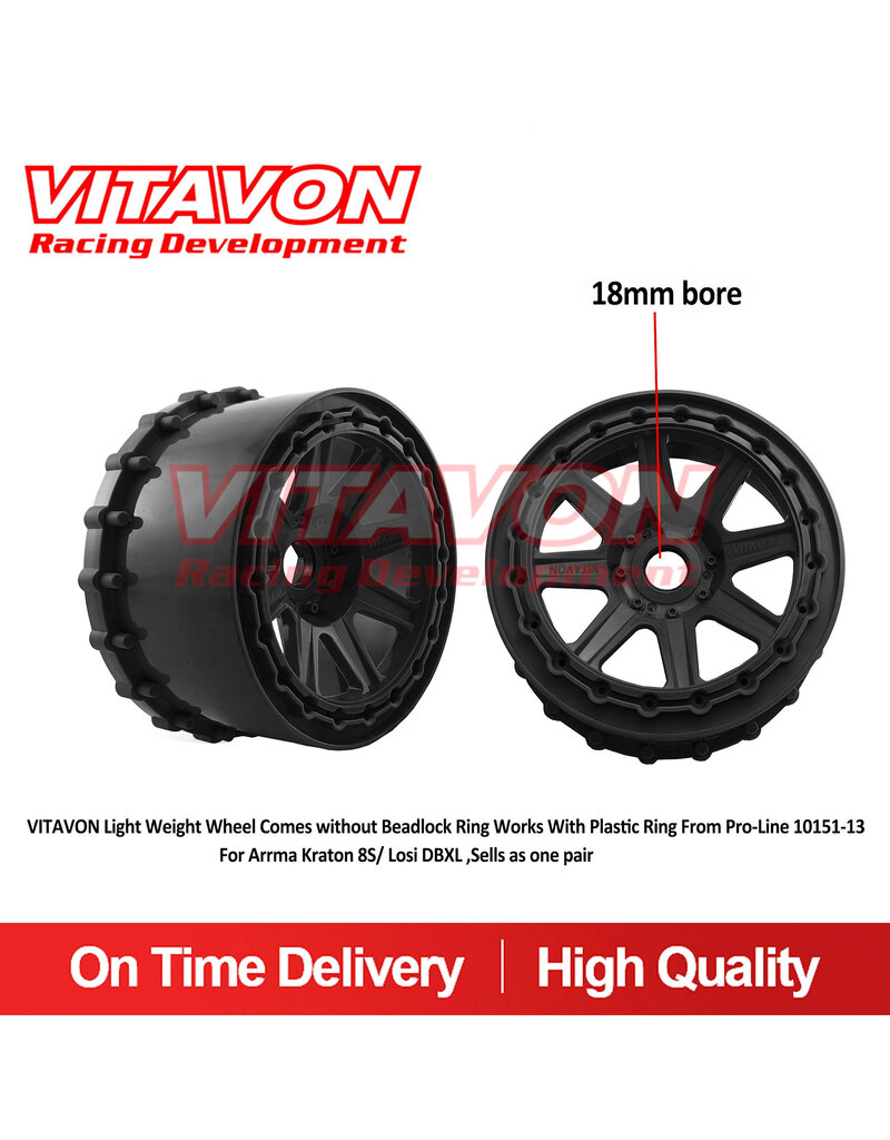 VITAVON VTNXOXOLW  LIGHT WEIGHT WHEEL COMES WITHOUT BEADLOCK RING WORKS WITH PLASTIC RING FROM PRO-LINE 10151-13 FOR ARRMA KRATON 8S/ LOSI DBXL ,SELLS AS ONE PAIR