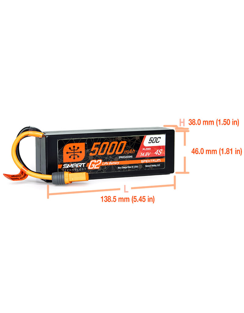 SPEKTRUM SPMX54S50H5 5000MAH 4S 14.8V SMART G2 LIPO 50C HARD CASE: IC5