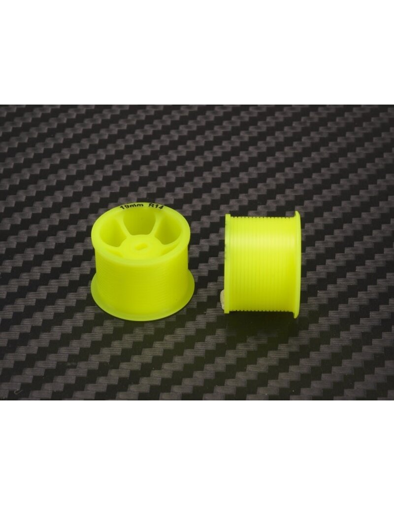 PN RACING KEN PNMA4089R14-19 MINI-Z AWD MACHINE CUT DELRIN YELLOW FORMULA 14X19MM FLSNGED WHEEL R14