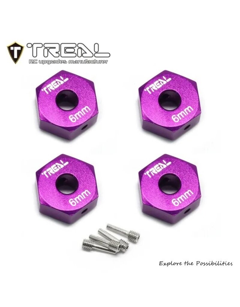 TREAL TRLX00445ZWL5 LOSI MINI LMT ALUMINUM 12MM WHEEL HEX ADAPTORS (PURPLE) (4) (6MM OFFSET)