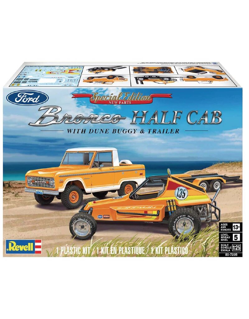 REVELL RMX857228 1/25 FORD BRONCO HALF CAB & DUNE BUGGY 2-IN-1 PLASTIC MODEL KIT W/TRAILER