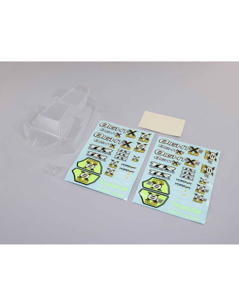 TLR TLR240018 BODY SET, CLEAR, W/DECALS: 8X, 8XE 2.0