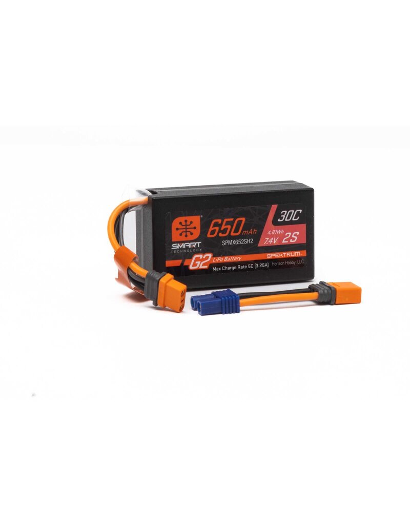 SPEKTRUM SPMX652SH2 2S LIPO 7.4V 650MAH 30C SMART G2 HARDCASE BATTERY: IC2