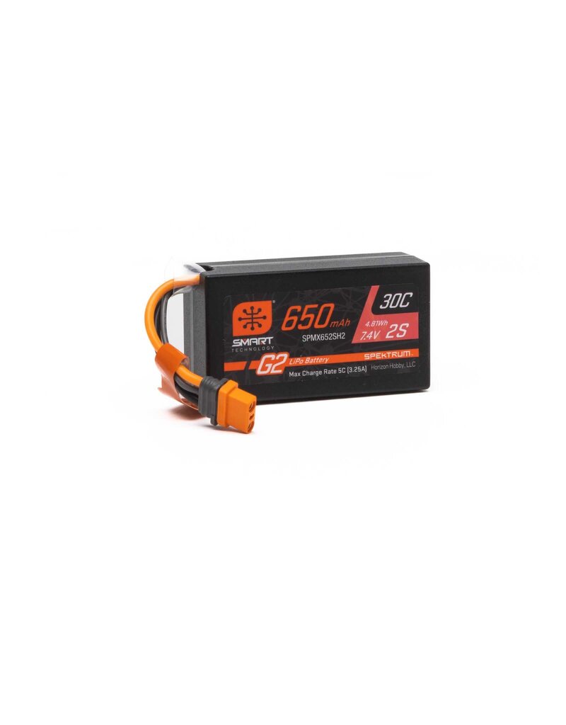 SPEKTRUM SPMX652SH2 2S LIPO 7.4V 650MAH 30C SMART G2 HARDCASE BATTERY: IC2