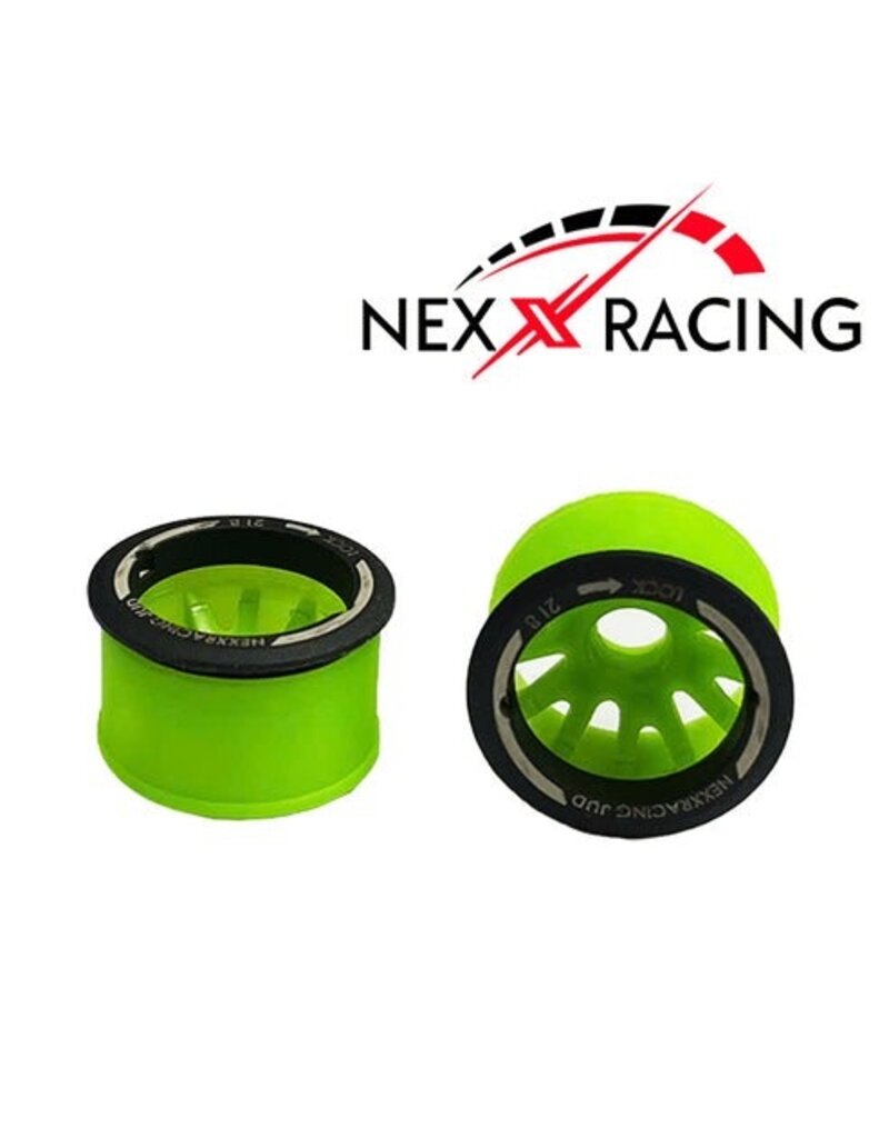 NEXX RACING NX-USA-EVO-R+2-GR MINI-Z RWD "JUD" EVO REAR THREADED SIDE-WALL CARBON FIBER RIMS (2MM OFFSET) (GREEN) (2)