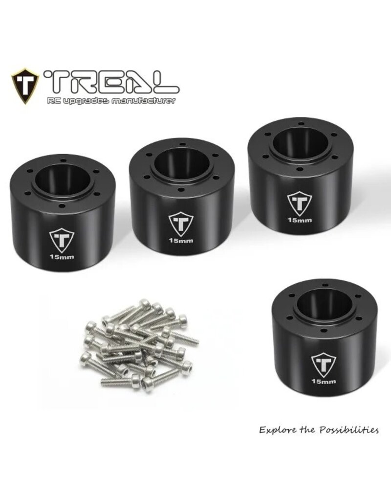 TREAL TRLX004ASHZUR 7075 ALUMINUM EXTENDED WHEEL HEX HUBS +15MM FOR LOSI MINI LMT: BLACK (4)