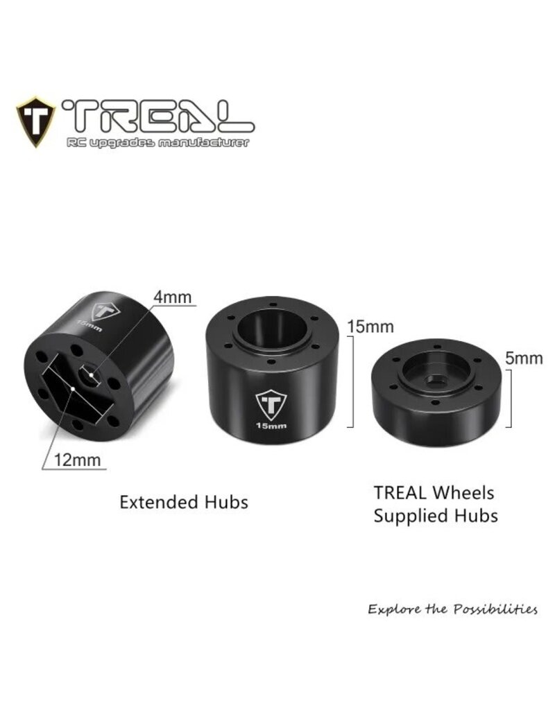TREAL TRLX004ASHZUR 7075 ALUMINUM EXTENDED WHEEL HEX HUBS +15MM FOR LOSI MINI LMT: BLACK (4)