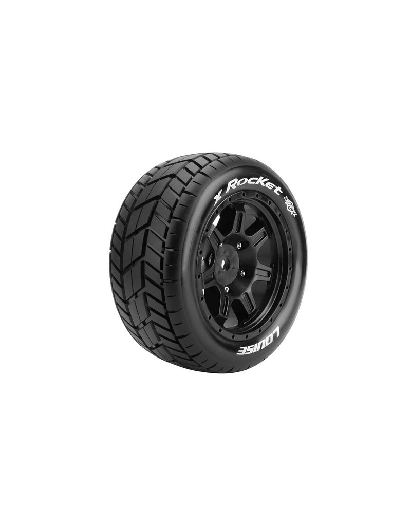 LOUISE LOULT3295B LOUISE R/C MFT X-ROCKET SPORT MONSTER TRUCK TIRES, 24MM HEX, MOUNTED ON BLACK RIM (2), FITS X-MAXX