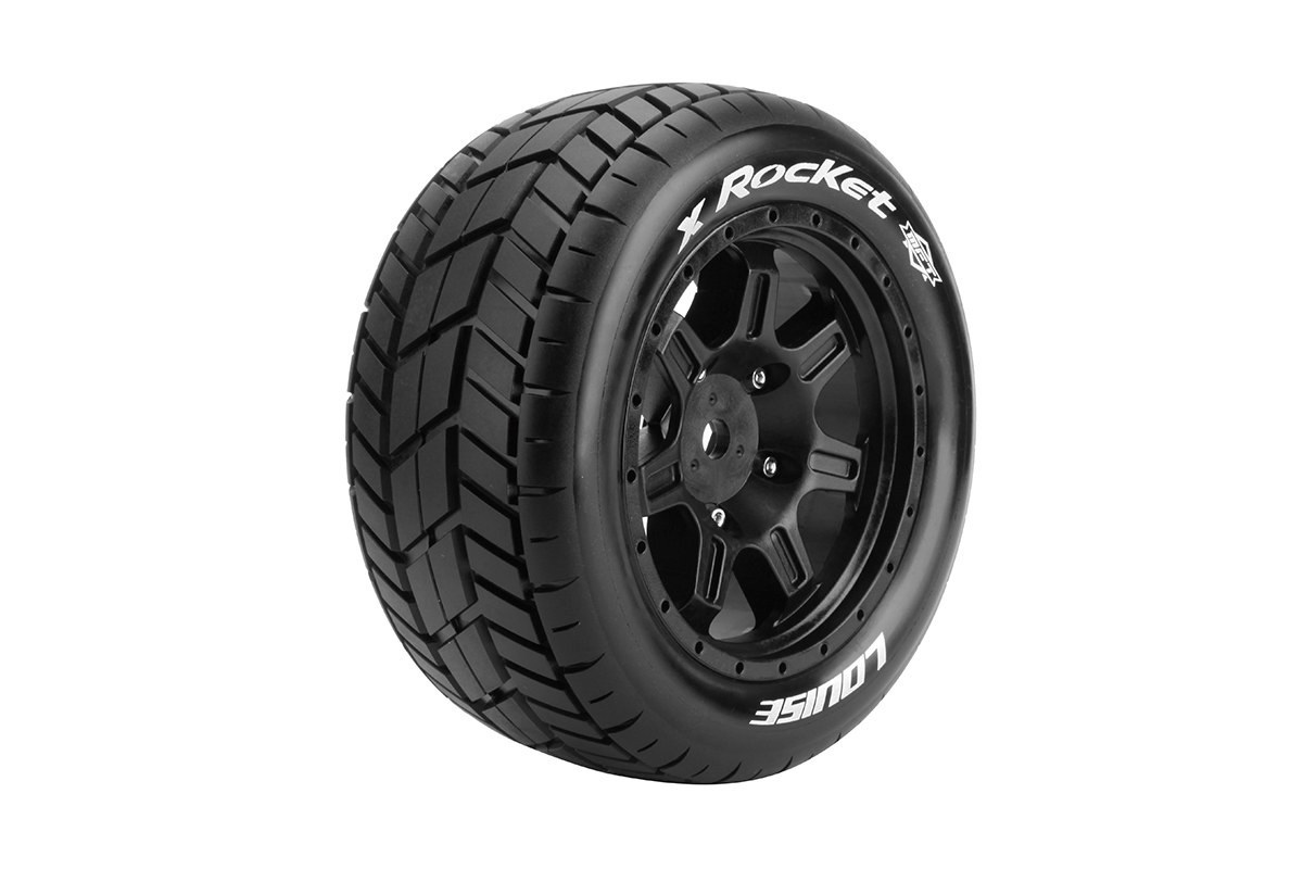 LOULT3295B LOUISE R/C MFT X-ROCKET SPORT MONSTER TRUCK TIRES, 24MM HEX, MOUNTED ON BLACK RIM (2), FITS X-MAXX