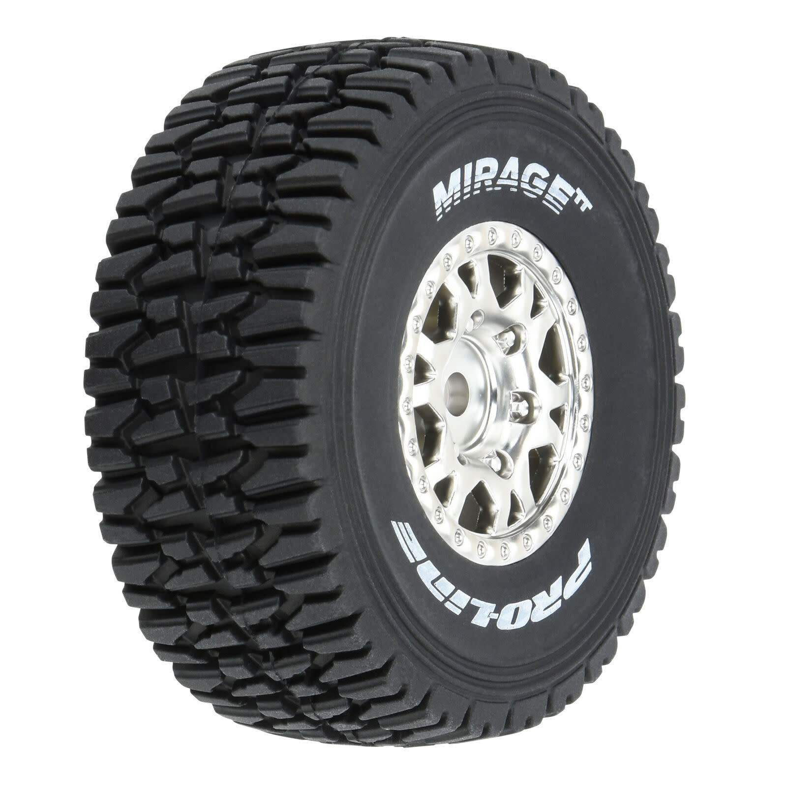 PRO1025310 MIRAGE TT F/R TIRES MOUNTED 12MM HEX SATIN SILVER IMPULSE (4) FOR ARRMA MOJAVE GROM