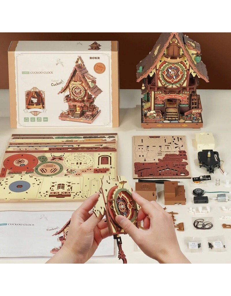 ROBOTIME ROELC901C CUCKOO CLOCK, STAINED WOOD, MECHANICAL 3D WOODEN PUZZLE