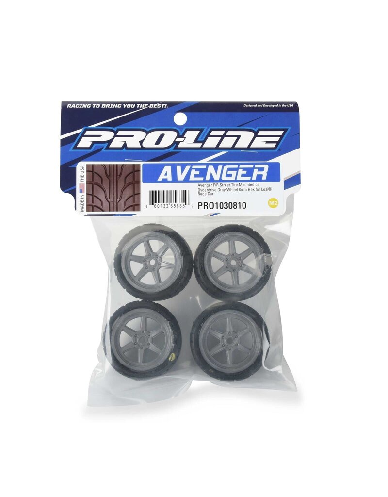 PROLINE RACING PRO1030810 AVENGER F/R STREET TIRE MOUNTED ON OVERDRIVE GRAY WHEEL 8MM HEX (4) FOR LOSI RACE CAR