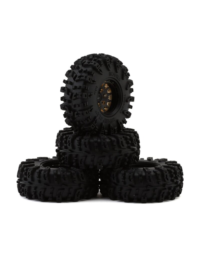 INJORA INJYQW-1301BGD-1319 1.3" DEEP DISH BRASS MICRO CRAWLER BEADLOCK WHEELS W/SWAMP CLAW TIRES (S5) (BLACK) (4) (68G EA) (70MM OD)