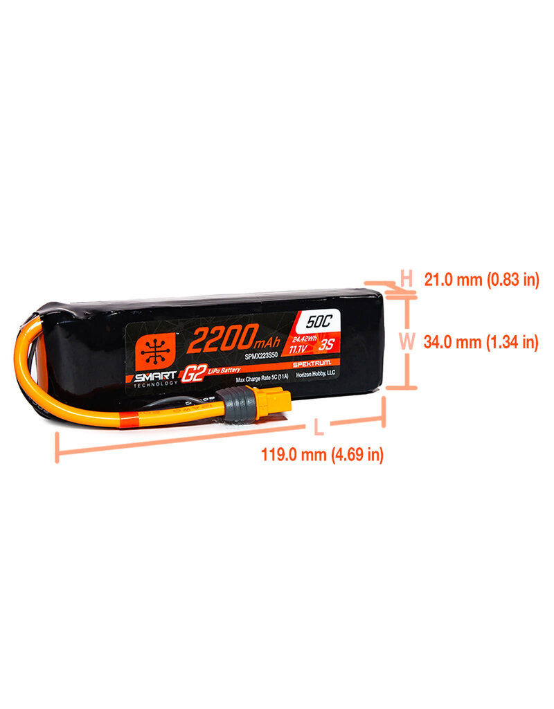 SPEKTRUM SPMX223S50 3S LIPO 11.1V 2200MAH 50C SMART G2 BATTERY: IC3