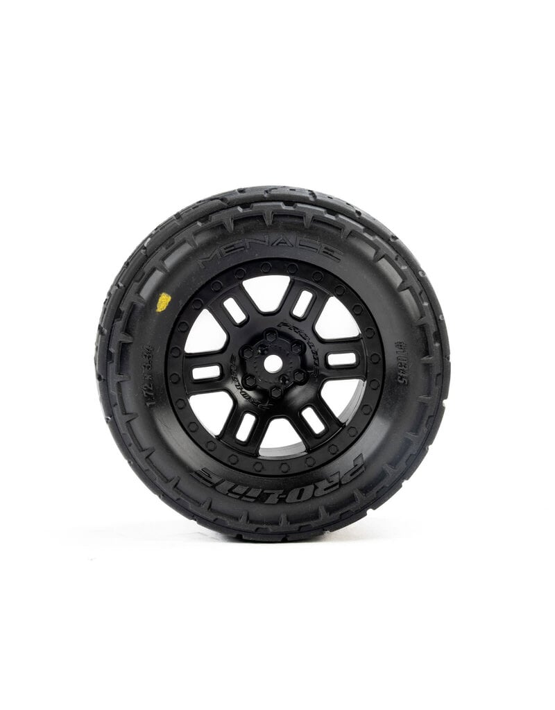 PROLINE RACING ***PRE-ORDER*** PRO1034510 MENACE F/R STREET TIRES MOUNTED 12MM BLACK SPLIT SIX FOR ARRMA MINI KRATON