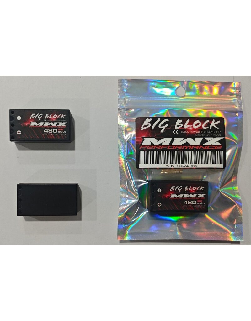 MWX PERFORMANCE MWX MX-BB-480-PS 2S LIPO 7.4V 480MAH 60C BIG BLOCK PROSELECT BATTERY: 2MM