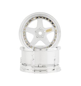 DS RACING DSC-DE-011 ELEMENT 5 SPOKE DRIFT WHEELS WHITE FACE CHROME LIP W/GOLD RIVETS (2)