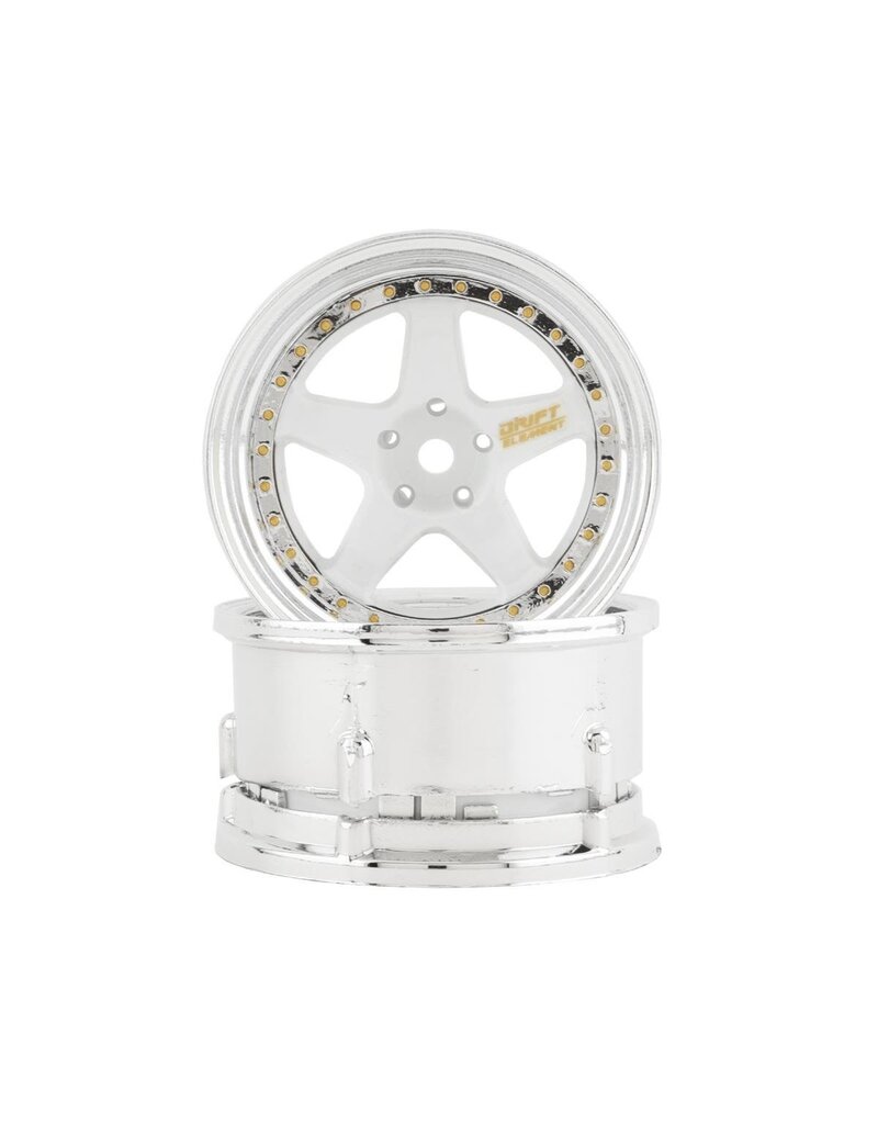 DS RACING DSC-DE-011 ELEMENT 5 SPOKE DRIFT WHEELS WHITE FACE CHROME LIP W/GOLD RIVETS (2)