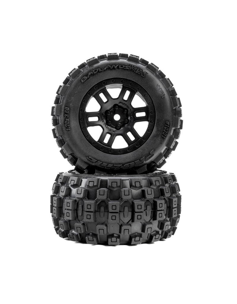PROLINE RACING PRO1030110 BADLANDS F/R TIRES MTD 12MM BLACK SPLIT SIX (2) FOR ARRMA MINI KRATON
