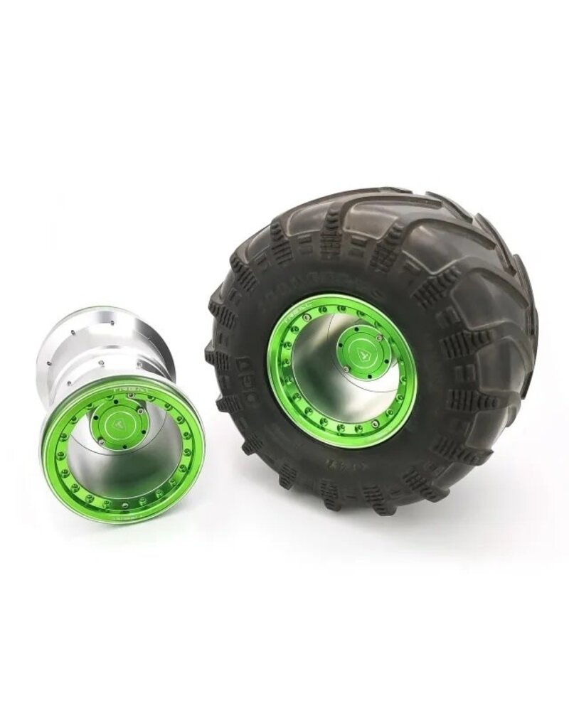 TREAL TRLB07GN6GKB6 2.6" ALUMINUM BEADLOCK MONSTER TRUCK WHEELS (SILVER/GREEN) (2)