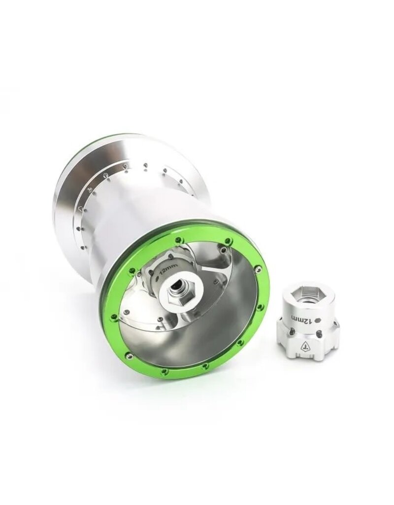 TREAL TRLB07GN6GKB6 2.6" ALUMINUM BEADLOCK MONSTER TRUCK WHEELS (SILVER/GREEN) (2)