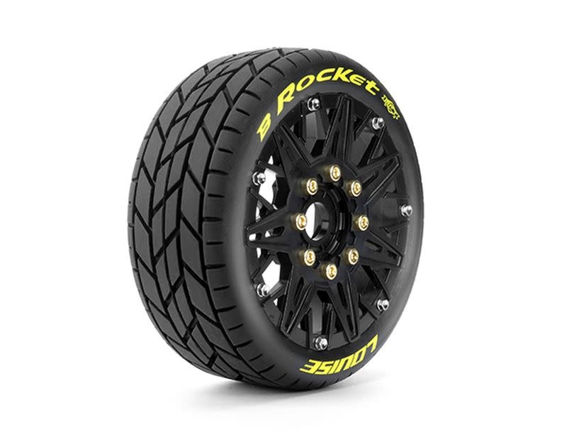 LOULT3362SB MFT B-ROCKET SOFT 1/8 BUGGY TIRES, 17MM HEX, 0" & 1/2" OFFSET, MOUNTED ON BLACK RIMS, (2)