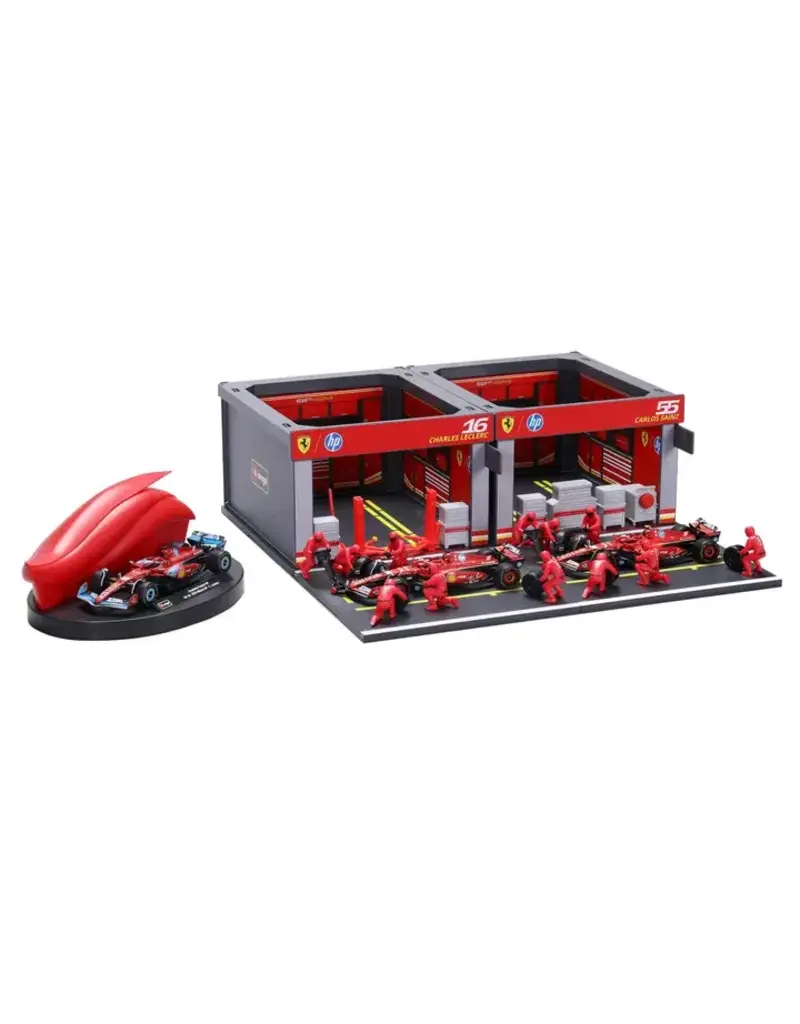 BURAGO 1851433 1/43 DISPLAY STAND -VEHICLE INCLUDED SF- 24 20 PIECES FORMULA  RACING FERRARI PADDOCK SET