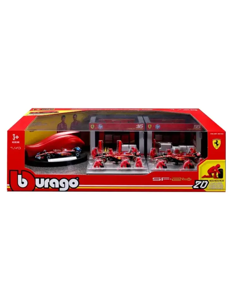 BURAGO 1851433 1/43 DISPLAY STAND -VEHICLE INCLUDED SF- 24 20 PIECES FORMULA  RACING FERRARI PADDOCK SET