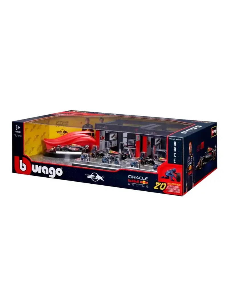 BURAGO 1851433 1/43 DISPLAY STAND -VEHICLE INCLUDED 20 PIECES FORMULA  RACING RED BULL PADDOCK SET