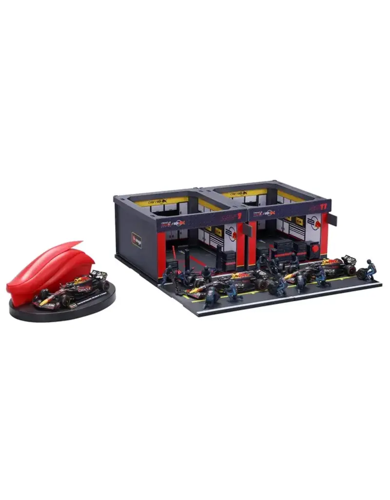 BURAGO 1851433 1/43 DISPLAY STAND -VEHICLE INCLUDED 20 PIECES FORMULA  RACING RED BULL PADDOCK SET