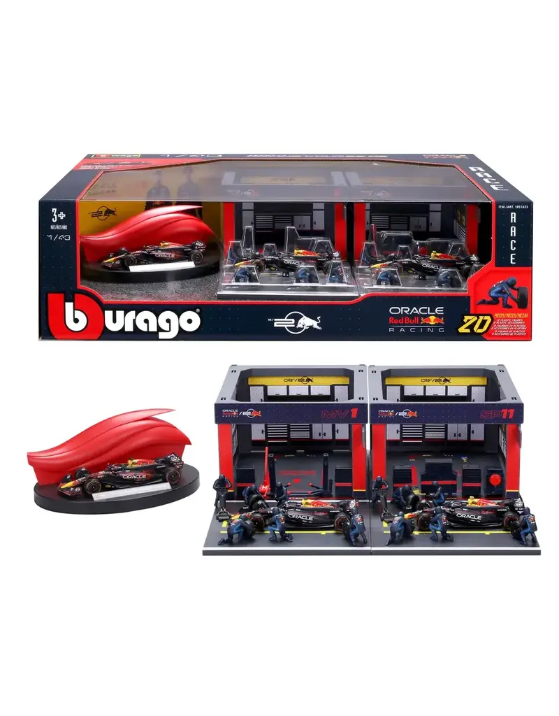 BURAGO 1851433 1/43 DISPLAY STAND -VEHICLE INCLUDED 20 PIECES FORMULA  RACING RED BULL PADDOCK SET