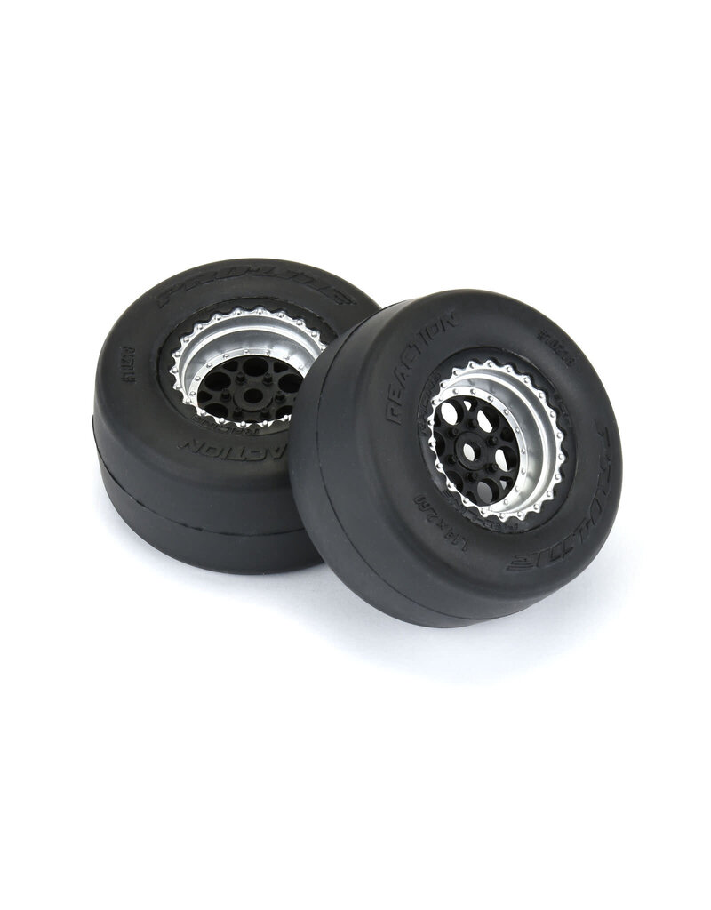 PROLINE RACING PRO1021810 1/16 REACTION RR TIRES MTD 7MM BLK/SIL: MINI DRAG (2)