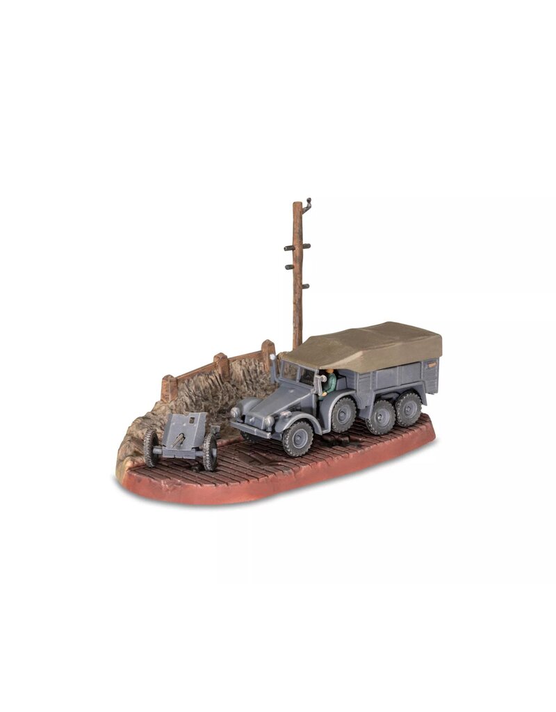 REVELL RMX73344 1/76 GERMAN MILITARY TRUCK & ARTILLERY TRAILER PLASTIC MODEL KIT W/PAINT, BRUSH & CEMENT