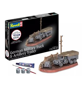 REVELL RMX73344 1/76 GERMAN MILITARY TRUCK & ARTILLERY TRAILER PLASTIC MODEL KIT W/PAINT, BRUSH & CEMENT
