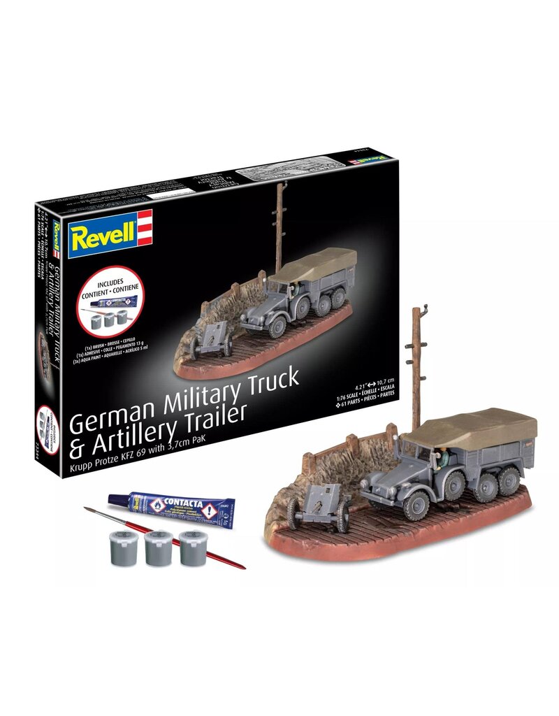 REVELL RMX73344 1/76 GERMAN MILITARY TRUCK & ARTILLERY TRAILER PLASTIC MODEL KIT W/PAINT, BRUSH & CEMENT