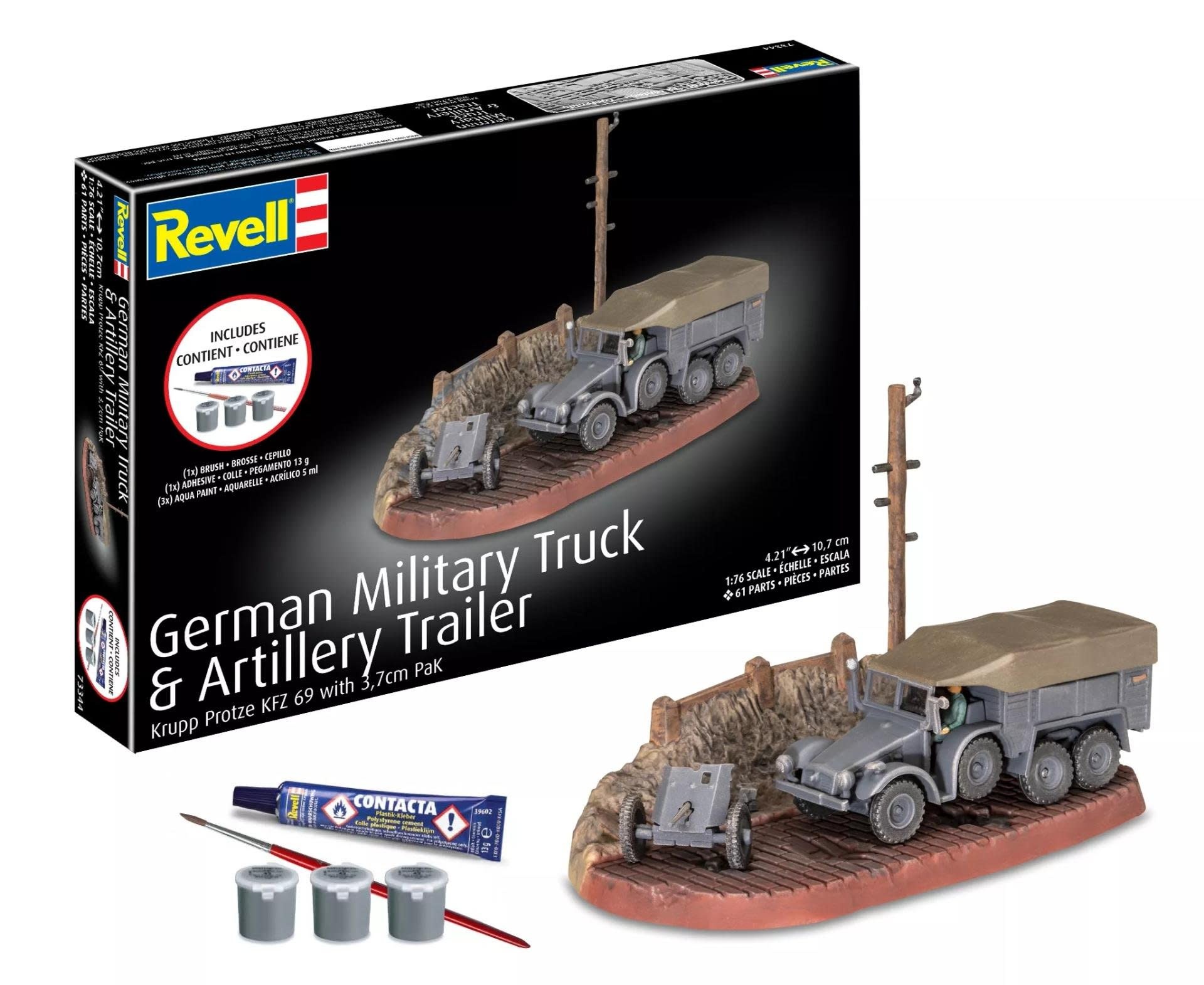 RMX73344 1/76 GERMAN MILITARY TRUCK & ARTILLERY TRAILER PLASTIC MODEL KIT W/PAINT, BRUSH & CEMENT