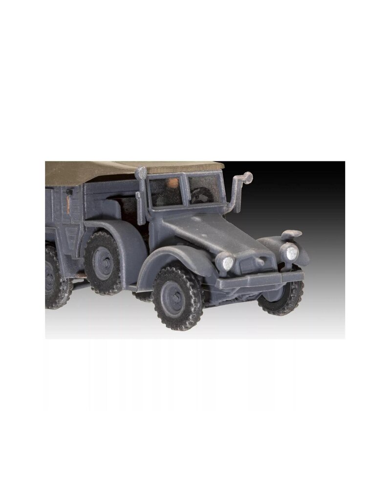 REVELL RMX73344 1/76 GERMAN MILITARY TRUCK & ARTILLERY TRAILER PLASTIC MODEL KIT W/PAINT, BRUSH & CEMENT