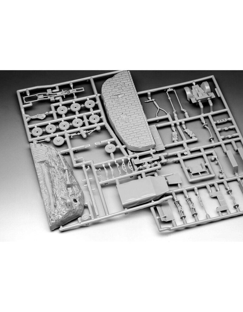 REVELL RMX73344 1/76 GERMAN MILITARY TRUCK & ARTILLERY TRAILER PLASTIC MODEL KIT W/PAINT, BRUSH & CEMENT
