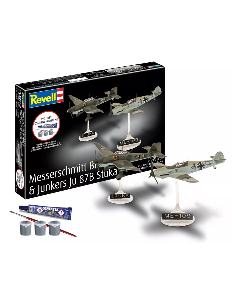 REVELL RMX73770 1/144 MESSERSCHMITT BF109E & JUNKERS JU 87B STUKA PLASTIC MODEL KIT W/PAINT, BRUSH & CEMENT