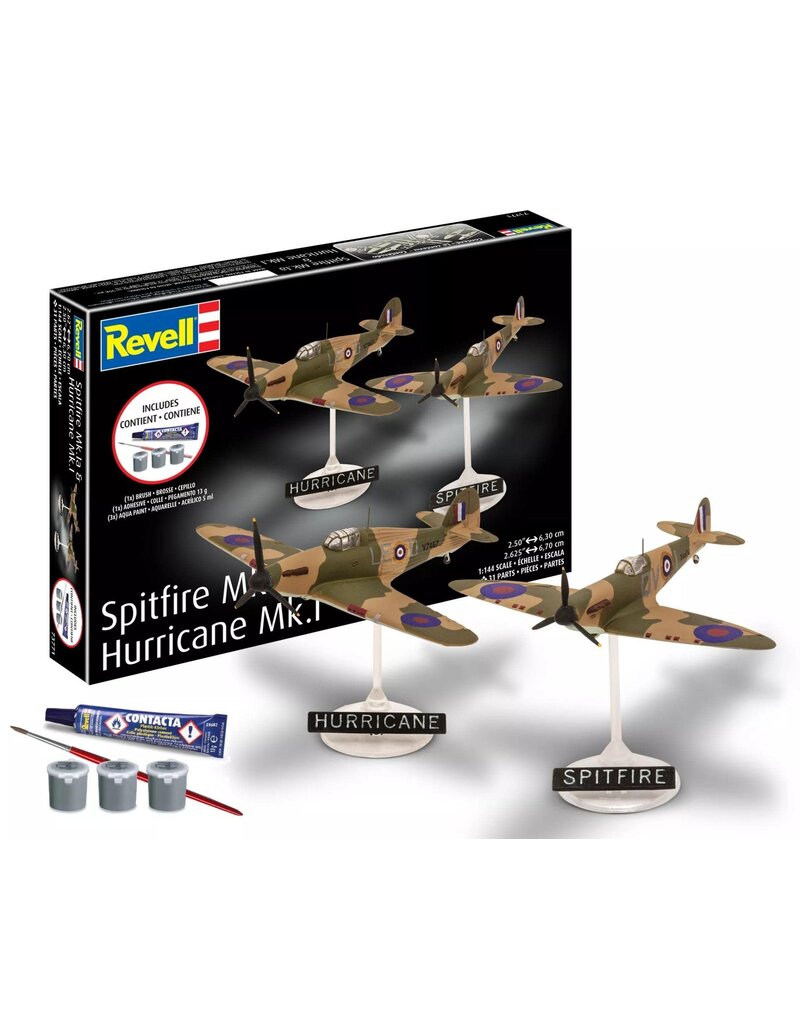 REVELL RMX73771 1/144 SPITFIRE MK.IA & HURRICANE MK.I PLASTIC MODEL KIT W/PAINT, BRUSH & CEMENT