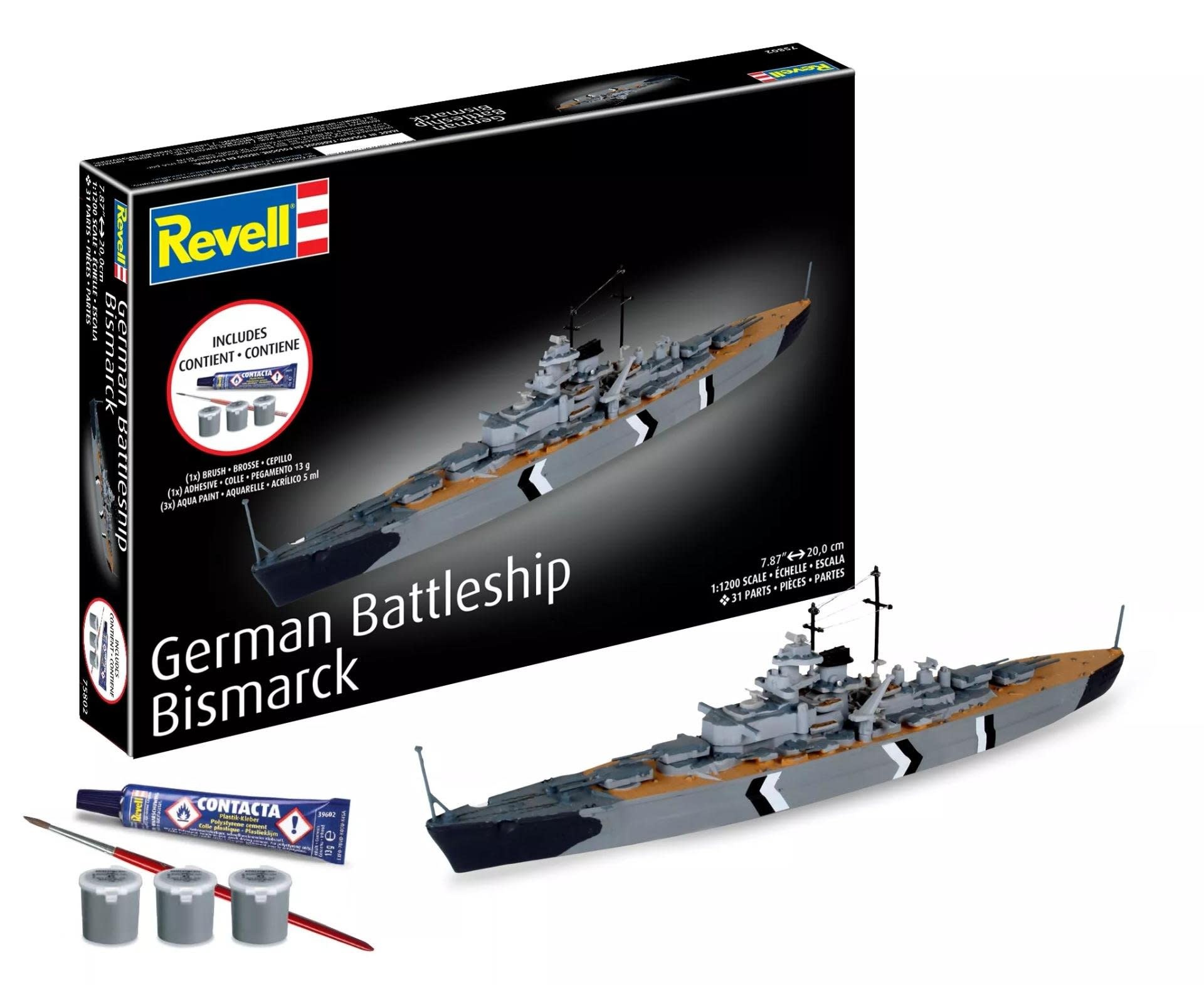 RMX75802 1/1200 GERMAN BATTLESHIP BISMARCK PLASTIC MODEL KIT W/PAINT, BRUSH & CEMENT